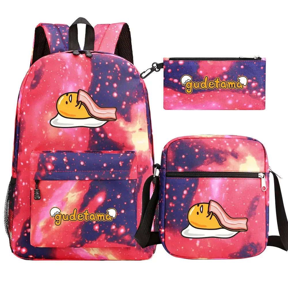 New Kawaii Gudetama 3Pcs Boy Girl Kids School Book Bags Travel Backpack Shoulder  Bag Pen Bags For Men Women