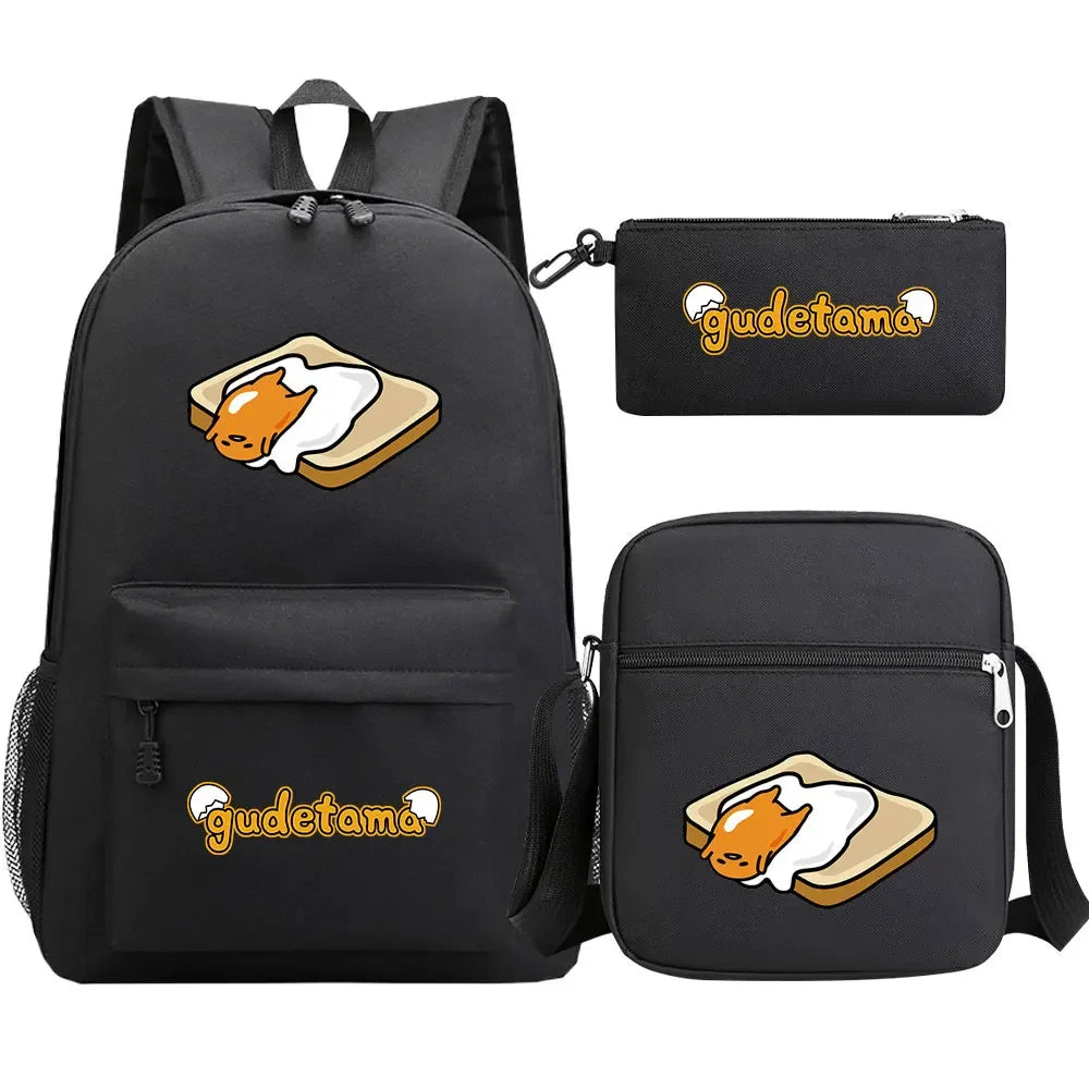 New Kawaii Gudetama 3Pcs Boy Girl Kids School Book Bags Travel Backpack Shoulder  Bag Pen Bags For Men Women