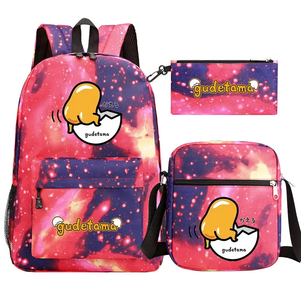 New Kawaii Gudetama 3Pcs Boy Girl Kids School Book Bags Travel Backpack Shoulder  Bag Pen Bags For Men Women