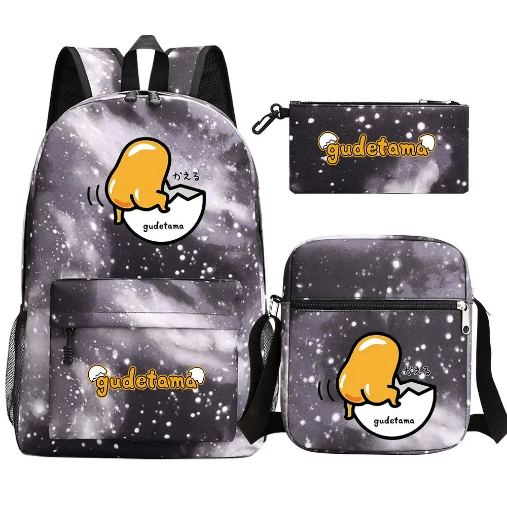 New Kawaii Gudetama 3Pcs Boy Girl Kids School Book Bags Travel Backpack Shoulder  Bag Pen Bags For Men Women