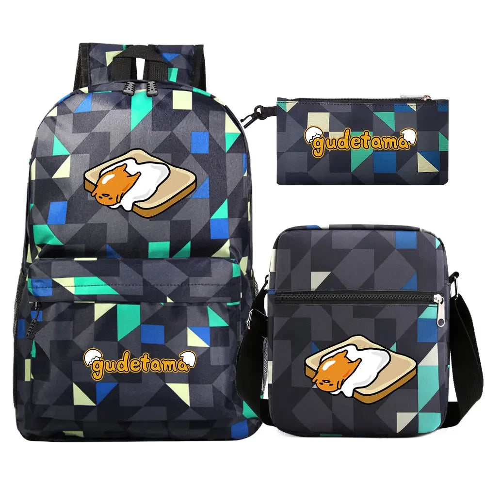 New Kawaii Gudetama 3Pcs Boy Girl Kids School Book Bags Travel Backpack Shoulder  Bag Pen Bags For Men Women