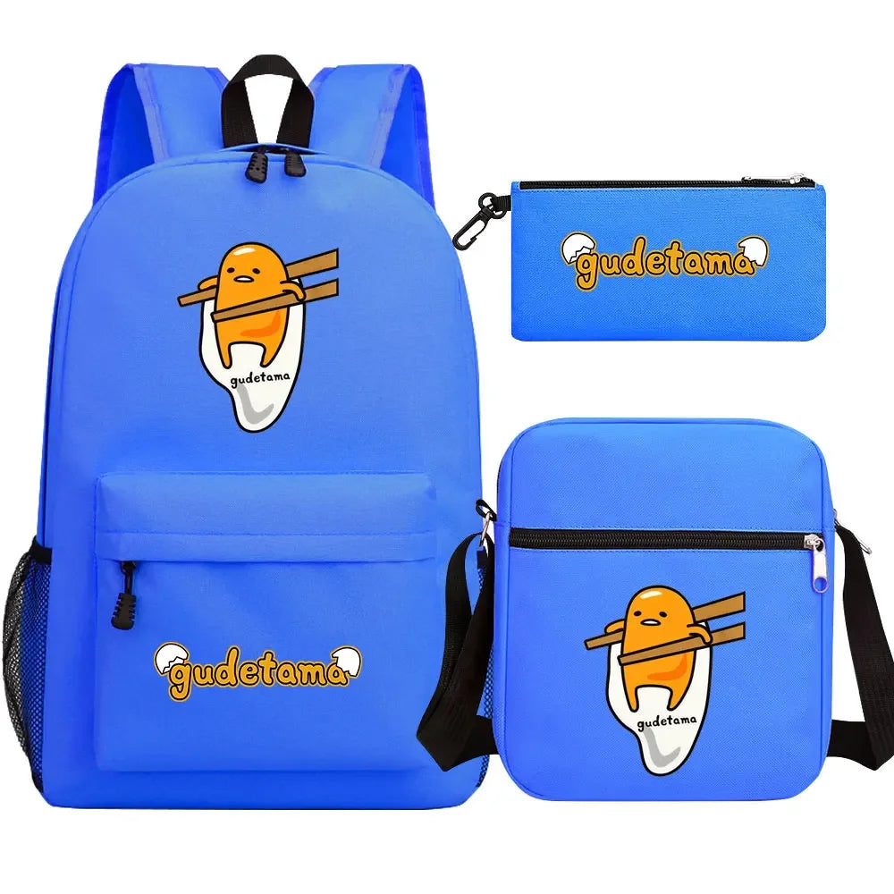 New Kawaii Gudetama 3Pcs Boy Girl Kids School Book Bags Travel Backpack Shoulder  Bag Pen Bags For Men Women