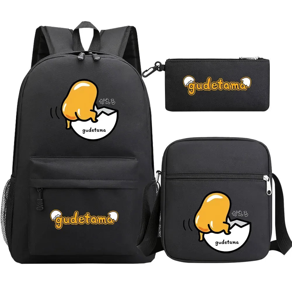 New Kawaii Gudetama 3Pcs Boy Girl Kids School Book Bags Travel Backpack Shoulder  Bag Pen Bags For Men Women