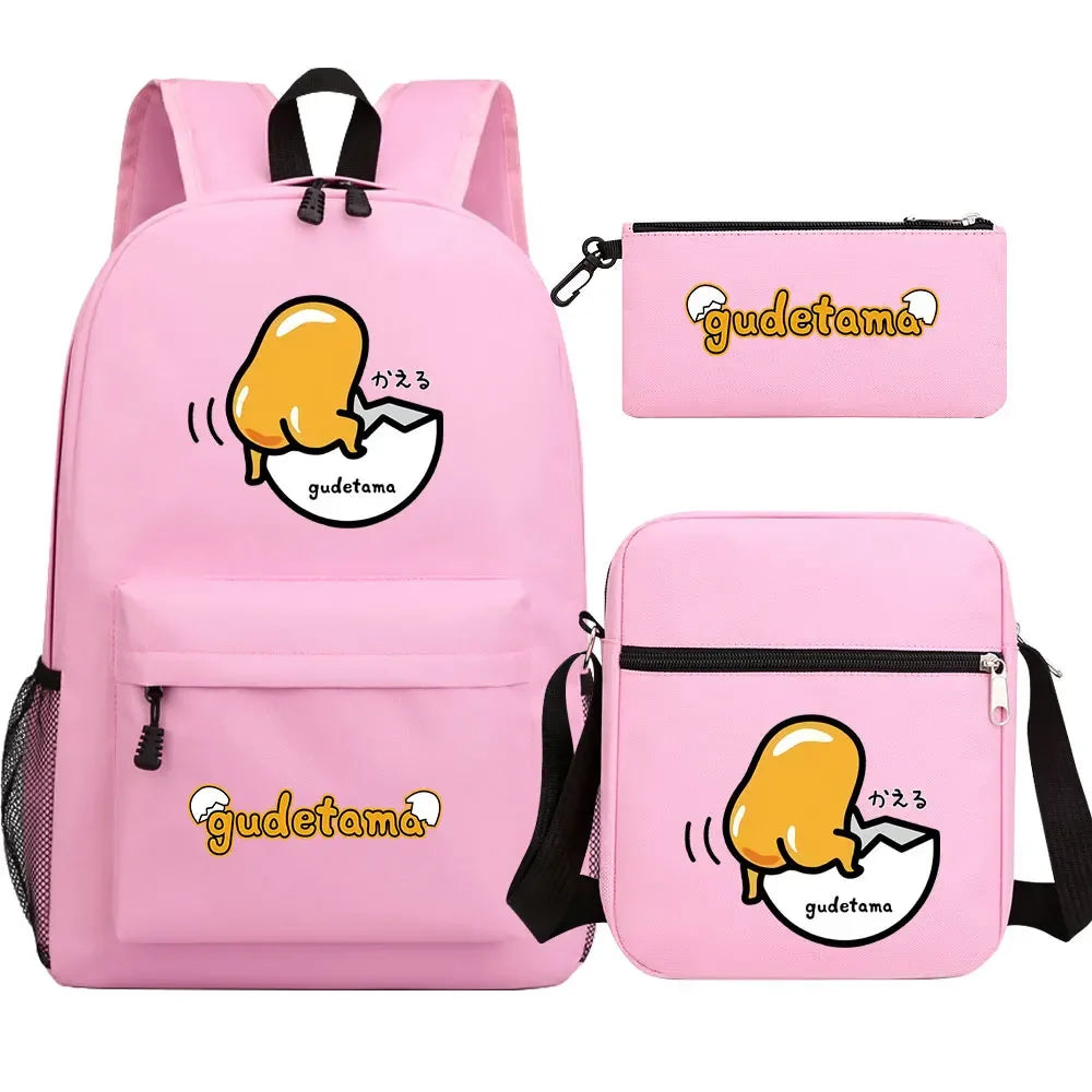 New Kawaii Gudetama 3Pcs Boy Girl Kids School Book Bags Travel Backpack Shoulder  Bag Pen Bags For Men Women