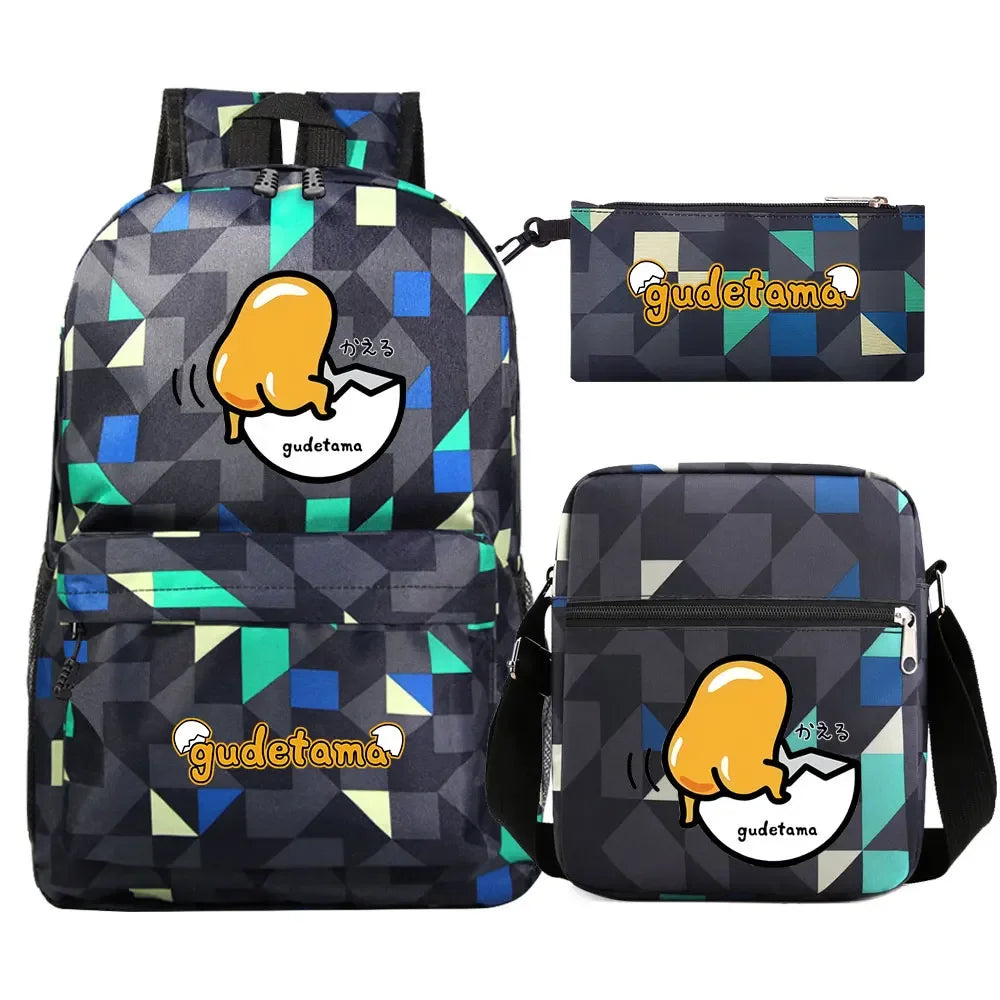 New Kawaii Gudetama 3Pcs Boy Girl Kids School Book Bags Travel Backpack Shoulder  Bag Pen Bags For Men Women