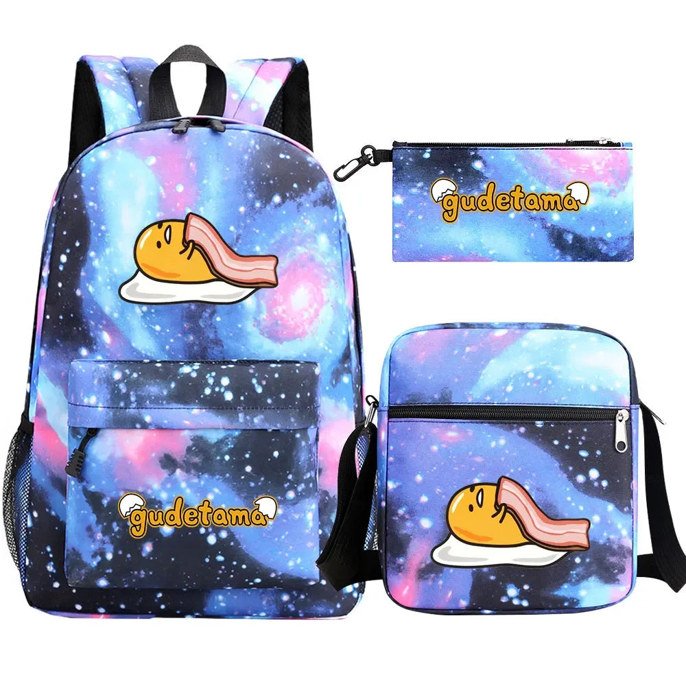 New Kawaii Gudetama 3Pcs Boy Girl Kids School Book Bags Travel Backpack Shoulder  Bag Pen Bags For Men Women