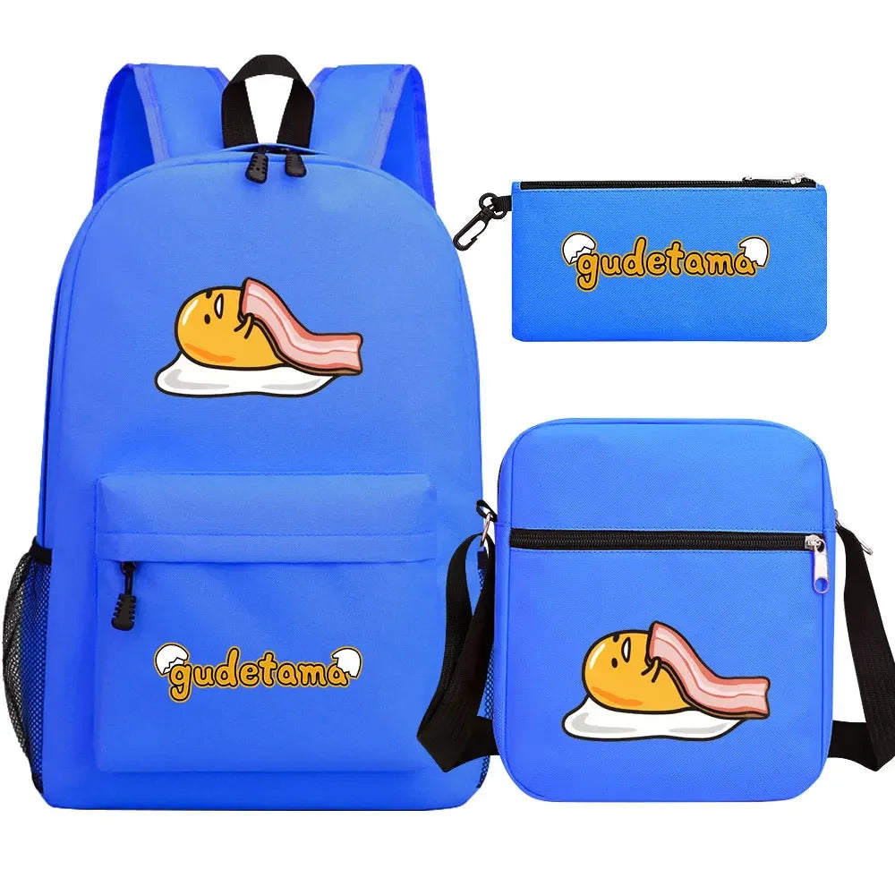 New Kawaii Gudetama 3Pcs Boy Girl Kids School Book Bags Travel Backpack Shoulder  Bag Pen Bags For Men Women