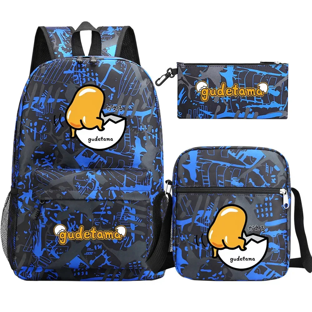 New Kawaii Gudetama 3Pcs Boy Girl Kids School Book Bags Travel Backpack Shoulder  Bag Pen Bags For Men Women