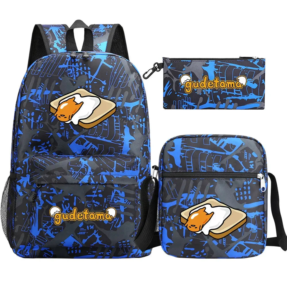 New Kawaii Gudetama 3Pcs Boy Girl Kids School Book Bags Travel Backpack Shoulder  Bag Pen Bags For Men Women