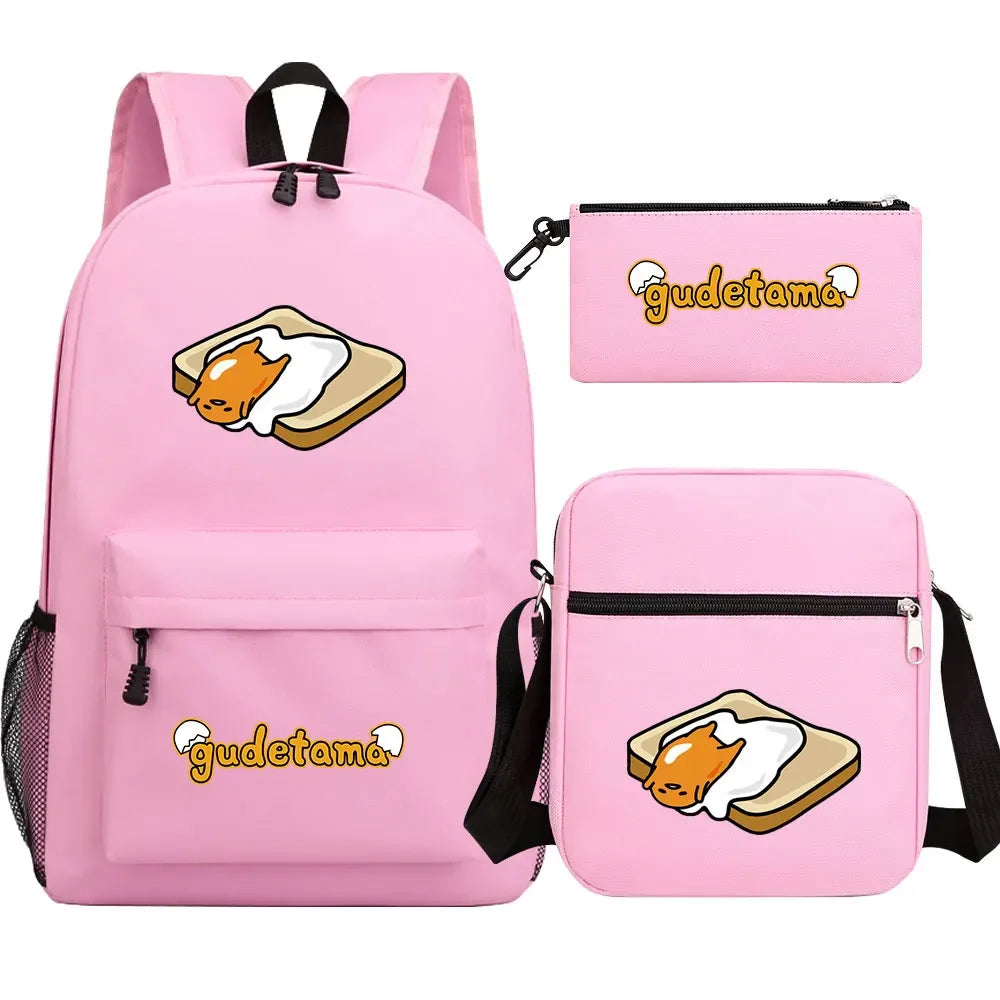 New Kawaii Gudetama 3Pcs Boy Girl Kids School Book Bags Travel Backpack Shoulder  Bag Pen Bags For Men Women