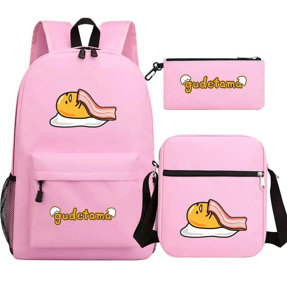 New Kawaii Gudetama 3Pcs Boy Girl Kids School Book Bags Travel Backpack Shoulder  Bag Pen Bags For Men Women