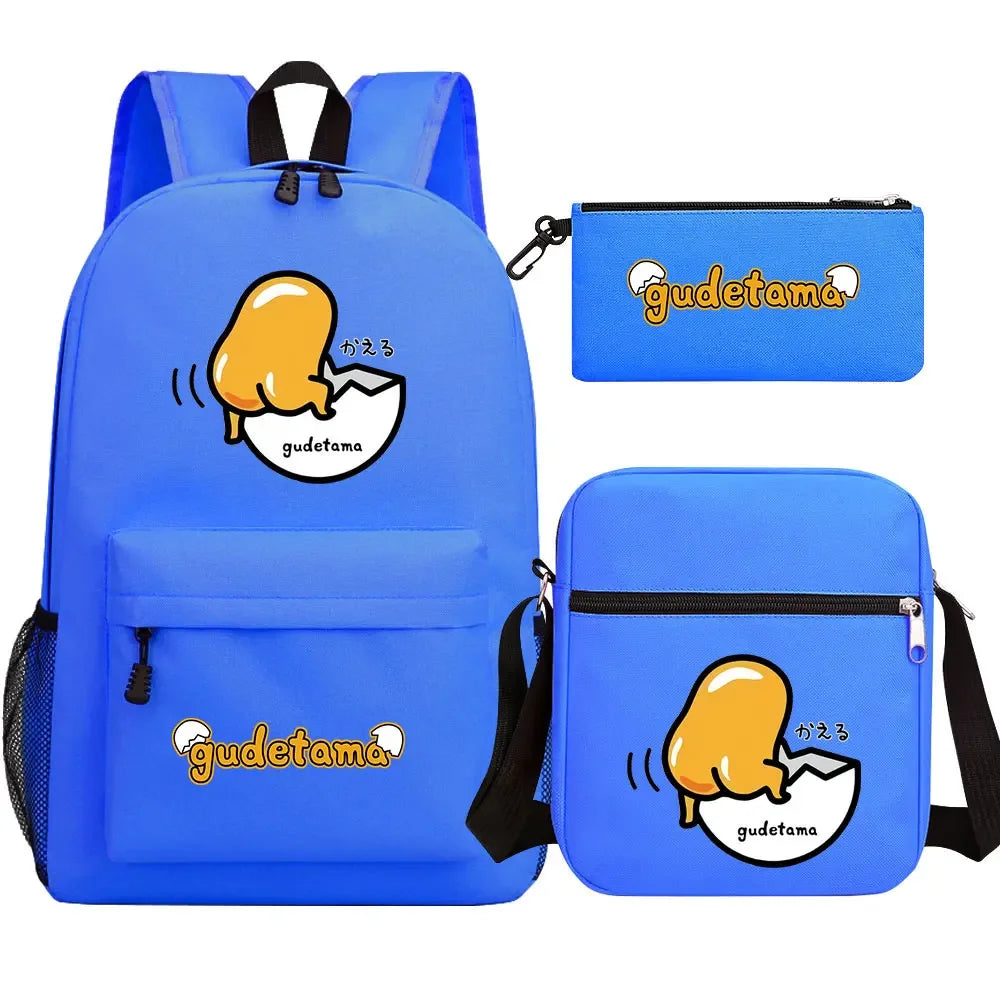 New Kawaii Gudetama 3Pcs Boy Girl Kids School Book Bags Travel Backpack Shoulder  Bag Pen Bags For Men Women