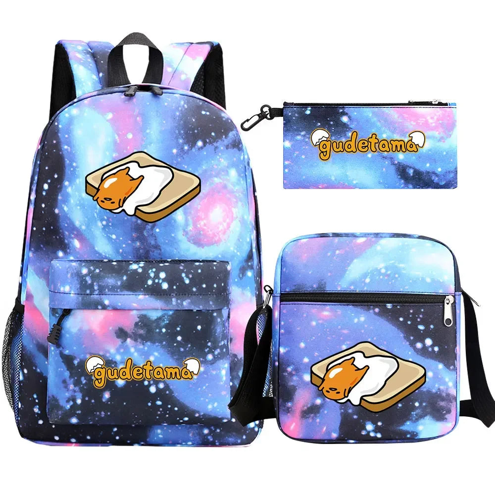 New Kawaii Gudetama 3Pcs Boy Girl Kids School Book Bags Travel Backpack Shoulder  Bag Pen Bags For Men Women