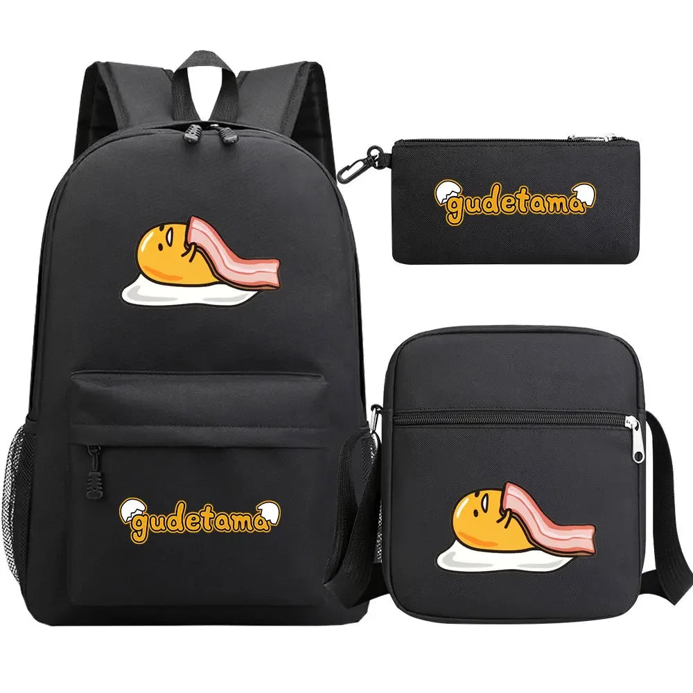New Kawaii Gudetama 3Pcs Boy Girl Kids School Book Bags Travel Backpack Shoulder  Bag Pen Bags For Men Women