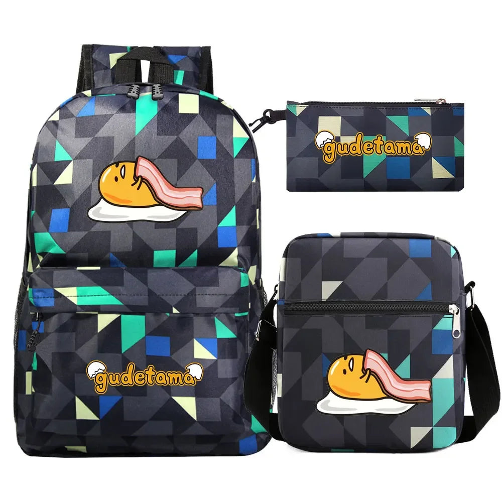 New Kawaii Gudetama 3Pcs Boy Girl Kids School Book Bags Travel Backpack Shoulder  Bag Pen Bags For Men Women