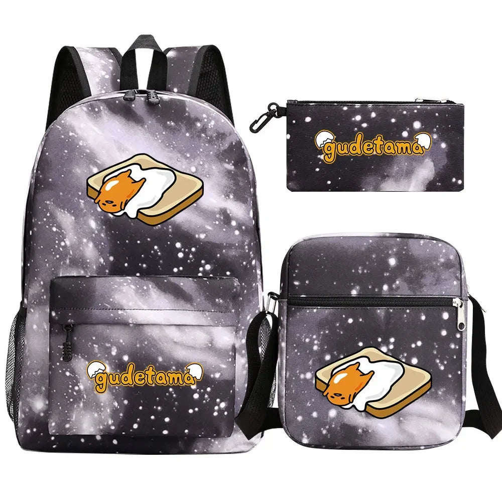New Kawaii Gudetama 3Pcs Boy Girl Kids School Book Bags Travel Backpack Shoulder  Bag Pen Bags For Men Women