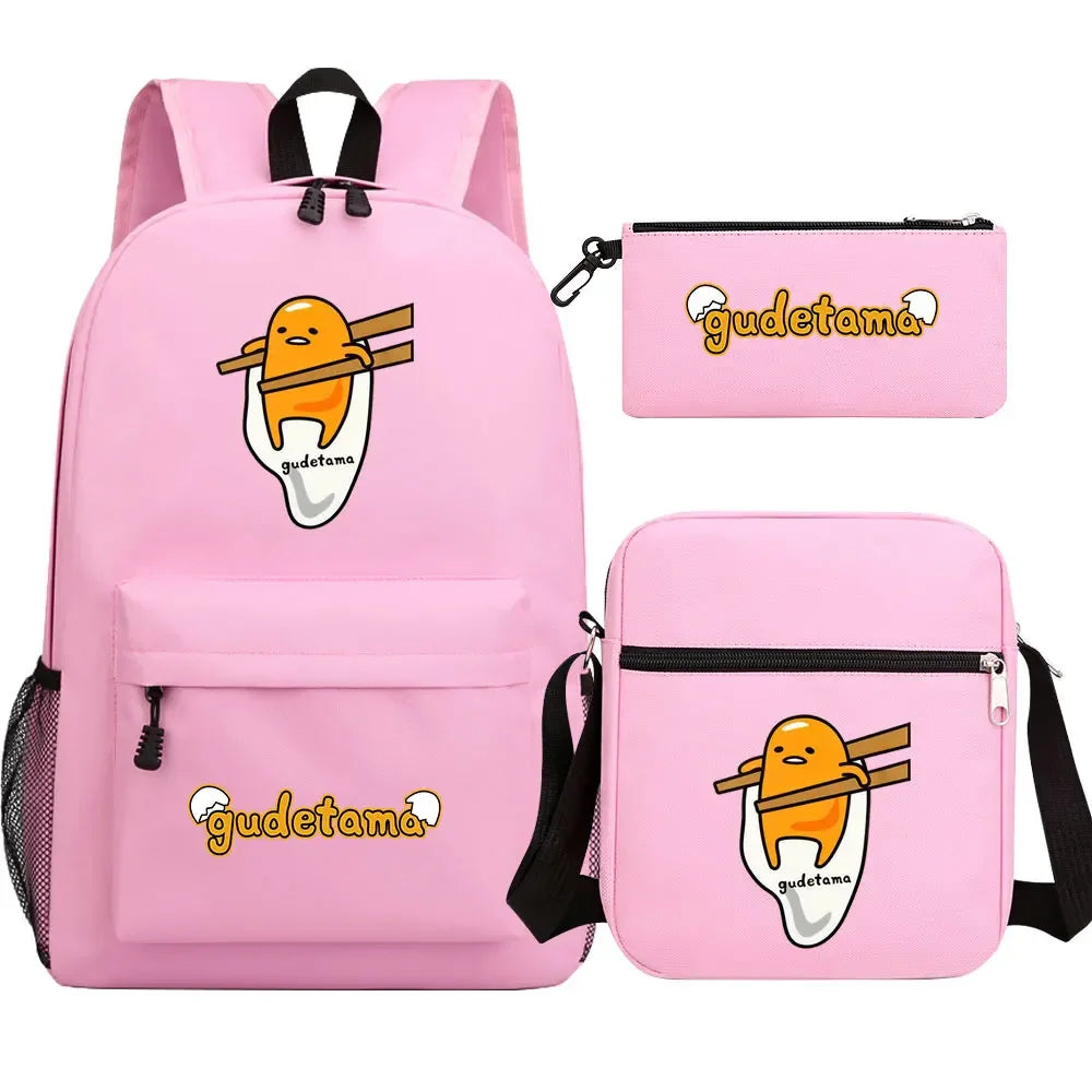 New Kawaii Gudetama 3Pcs Boy Girl Kids School Book Bags Travel Backpack Shoulder  Bag Pen Bags For Men Women