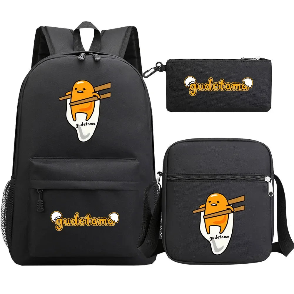 New Kawaii Gudetama 3Pcs Boy Girl Kids School Book Bags Travel Backpack Shoulder  Bag Pen Bags For Men Women