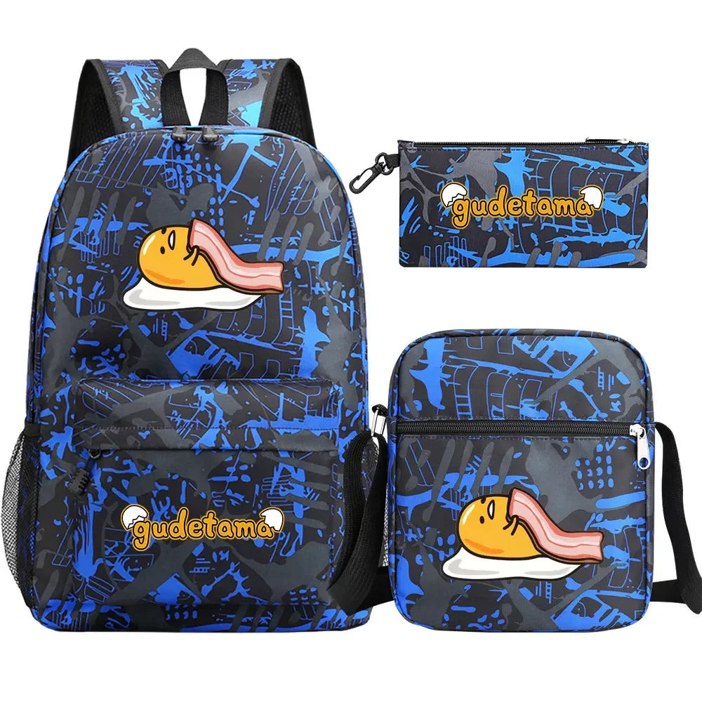 New Kawaii Gudetama 3Pcs Boy Girl Kids School Book Bags Travel Backpack Shoulder  Bag Pen Bags For Men Women