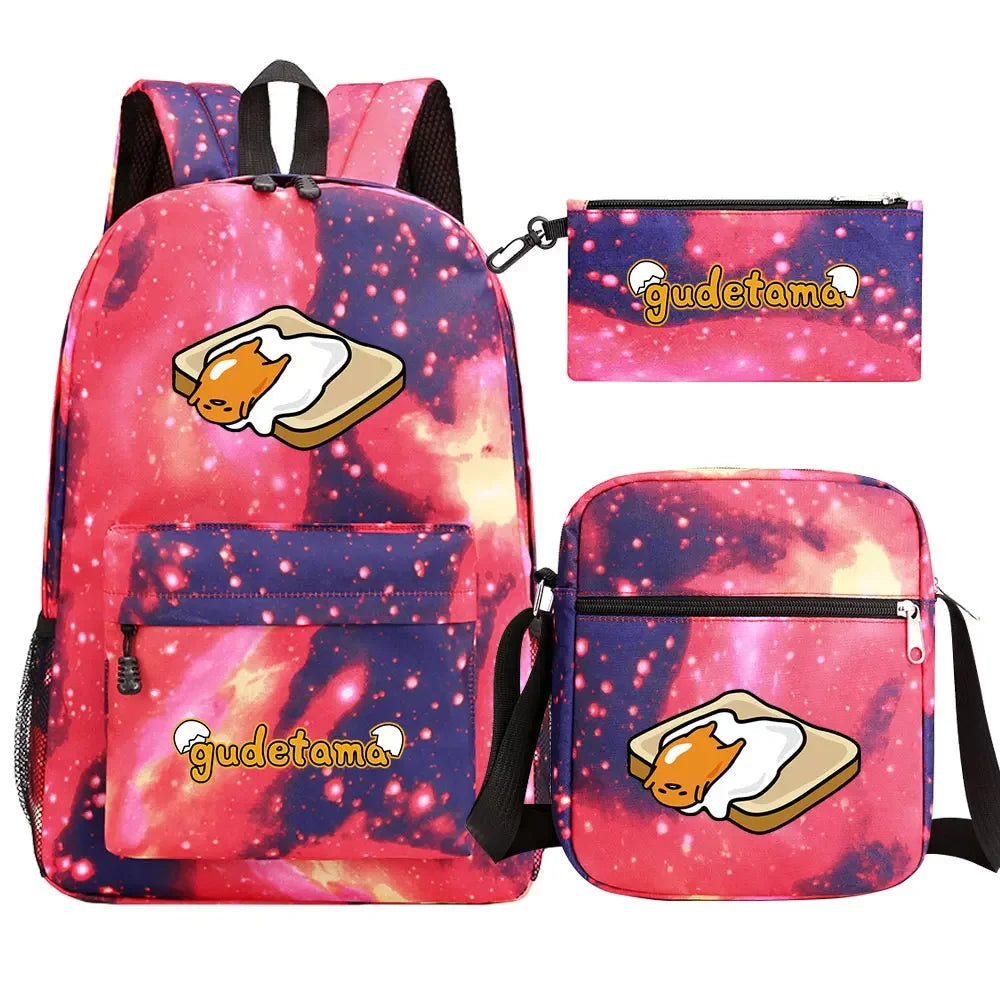 New Kawaii Gudetama 3Pcs Boy Girl Kids School Book Bags Travel Backpack Shoulder  Bag Pen Bags For Men Women