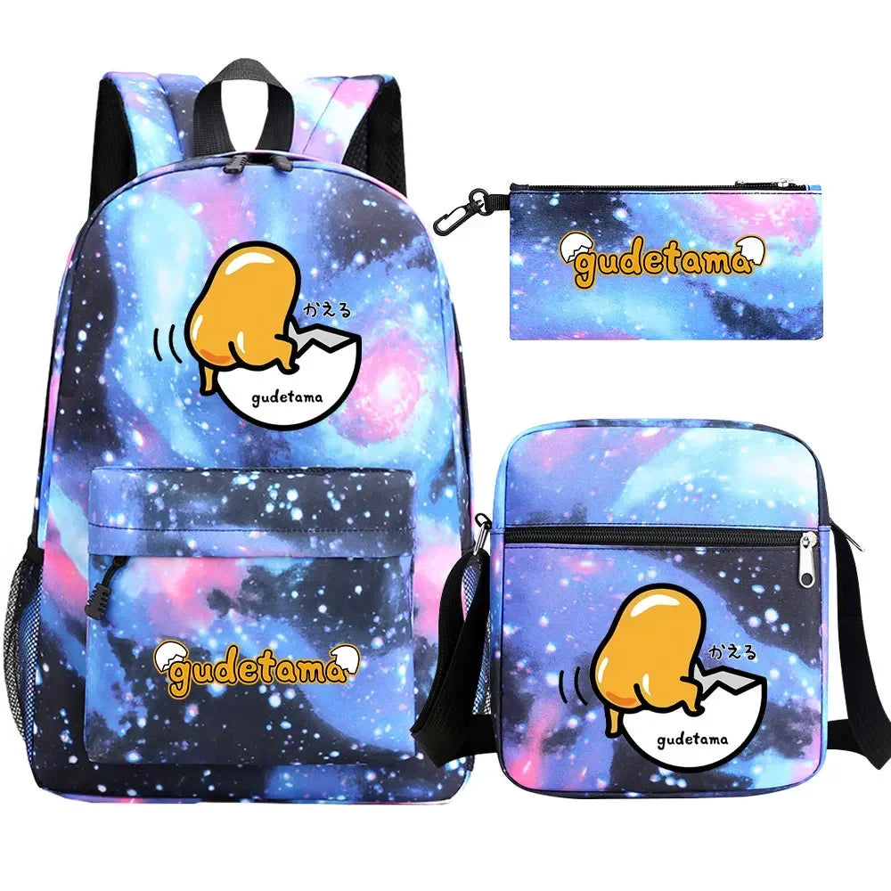 New Kawaii Gudetama 3Pcs Boy Girl Kids School Book Bags Travel Backpack Shoulder  Bag Pen Bags For Men Women
