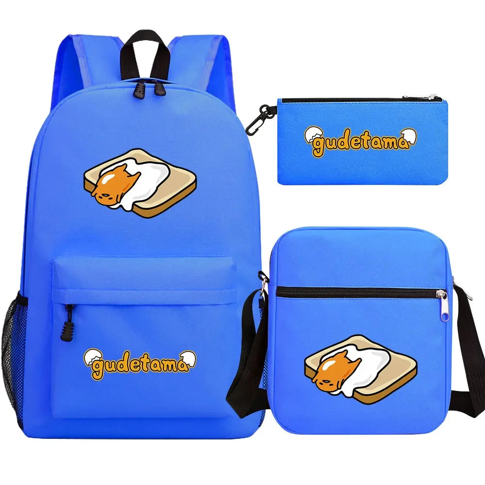 New Kawaii Gudetama 3Pcs Boy Girl Kids School Book Bags Travel Backpack Shoulder  Bag Pen Bags For Men Women