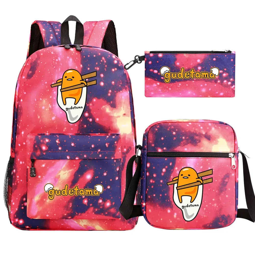 New Kawaii Gudetama 3Pcs Boy Girl Kids School Book Bags Travel Backpack Shoulder  Bag Pen Bags For Men Women