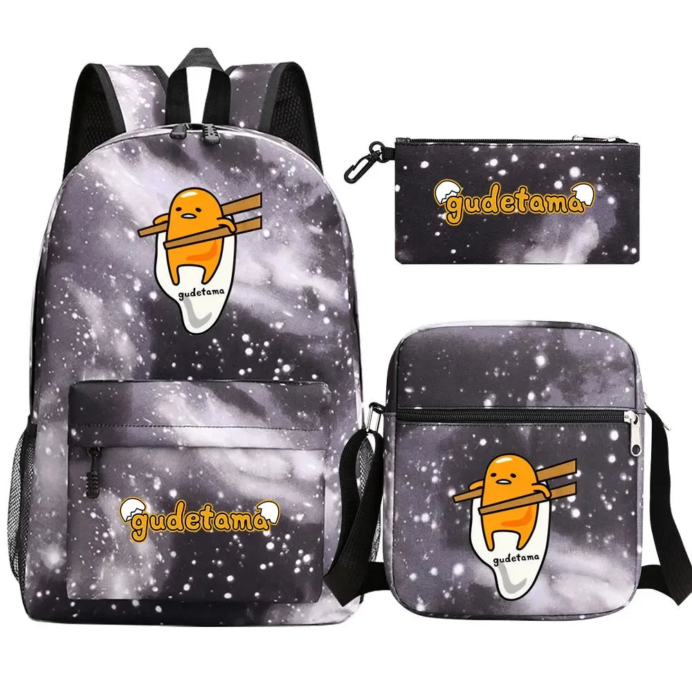 New Kawaii Gudetama 3Pcs Boy Girl Kids School Book Bags Travel Backpack Shoulder  Bag Pen Bags For Men Women