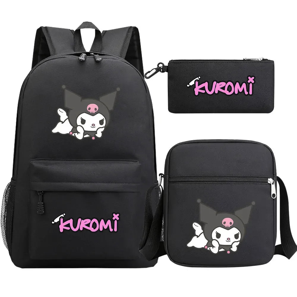 New Kawaii Kuromi 3Pcs Boy Girl Kids School Book Bags Travel Backpack Shoulder  Bag Pen Bags For Men Women