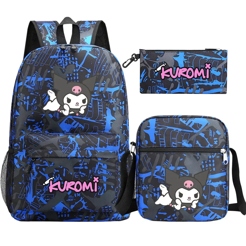 New Kawaii Kuromi 3Pcs Boy Girl Kids School Book Bags Travel Backpack Shoulder  Bag Pen Bags For Men Women