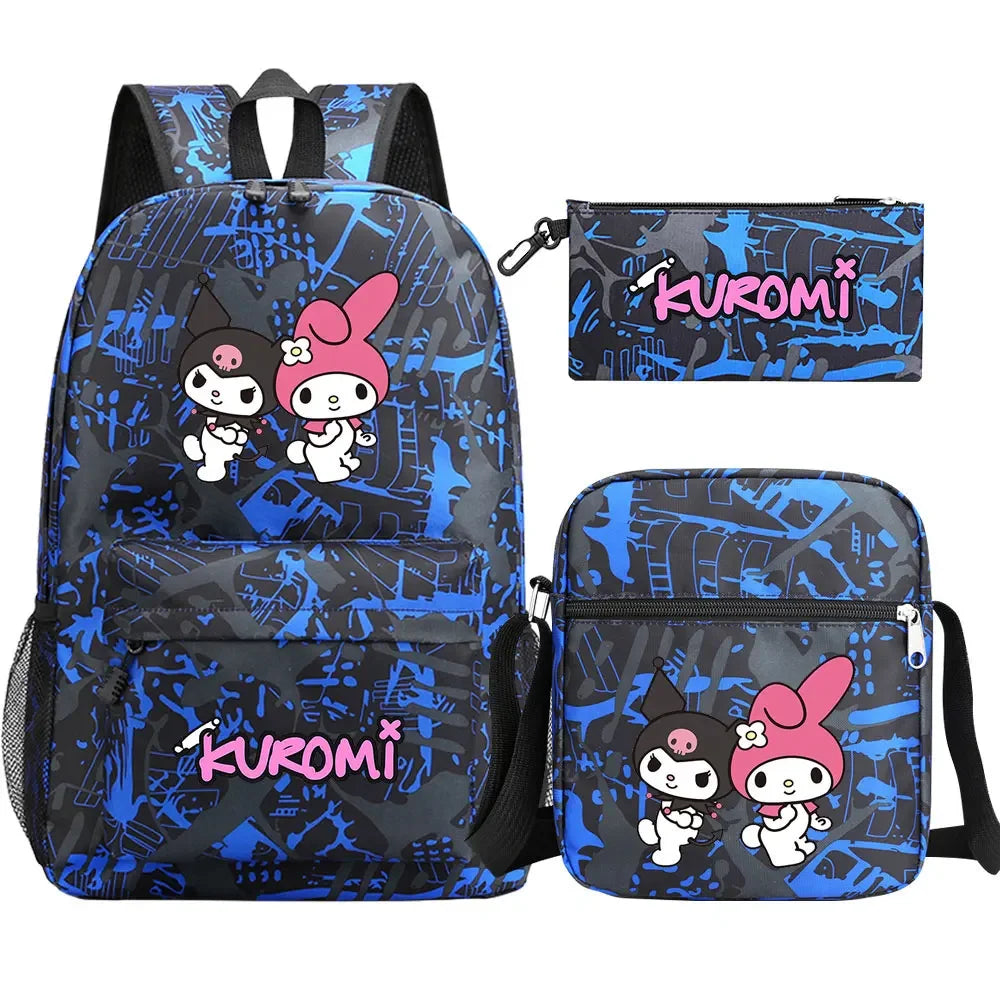 New Kawaii Kuromi 3Pcs Boy Girl Kids School Book Bags Travel Backpack Shoulder  Bag Pen Bags For Men Women