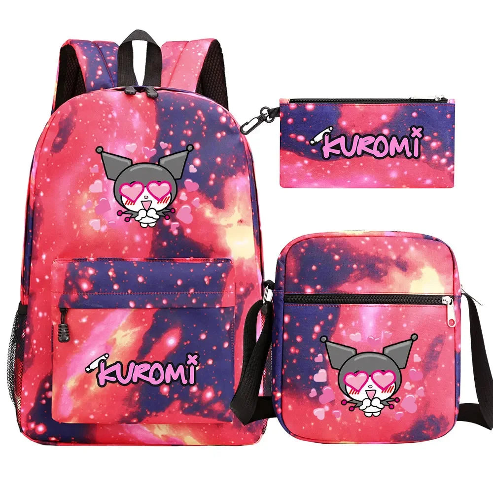 New Kawaii Kuromi 3Pcs Boy Girl Kids School Book Bags Travel Backpack Shoulder  Bag Pen Bags For Men Women