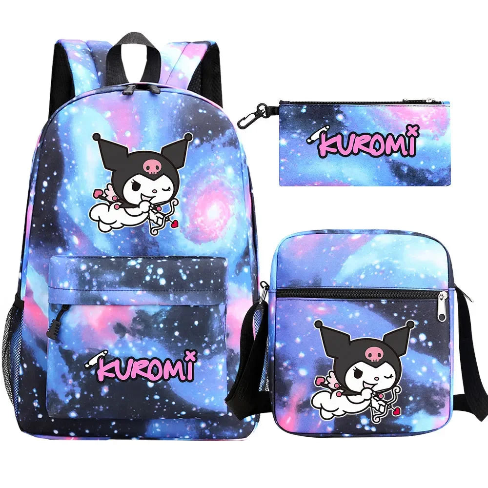 New Kawaii Kuromi 3Pcs Boy Girl Kids School Book Bags Travel Backpack Shoulder  Bag Pen Bags For Men Women