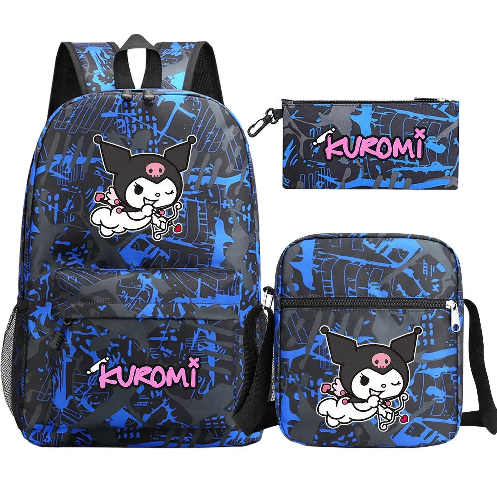 New Kawaii Kuromi 3Pcs Boy Girl Kids School Book Bags Travel Backpack Shoulder  Bag Pen Bags For Men Women
