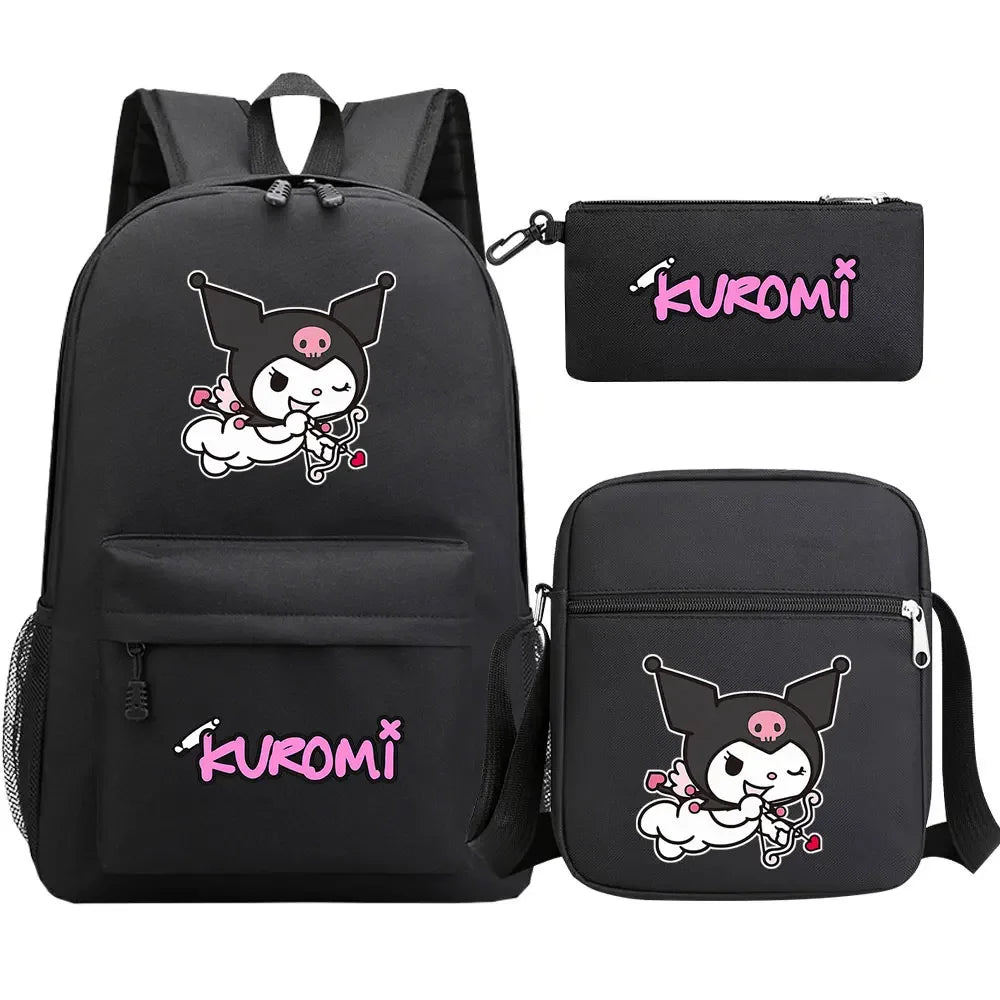 New Kawaii Kuromi 3Pcs Boy Girl Kids School Book Bags Travel Backpack Shoulder  Bag Pen Bags For Men Women