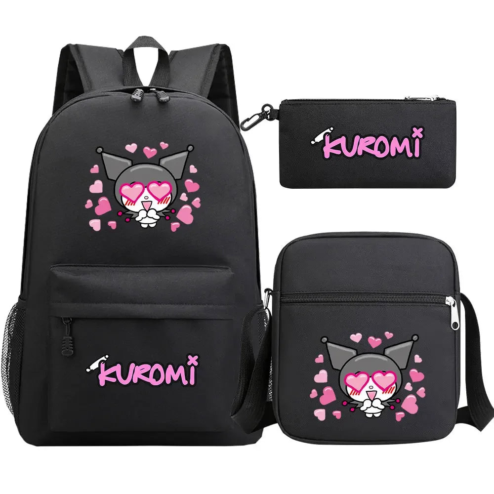 New Kawaii Kuromi 3Pcs Boy Girl Kids School Book Bags Travel Backpack Shoulder  Bag Pen Bags For Men Women