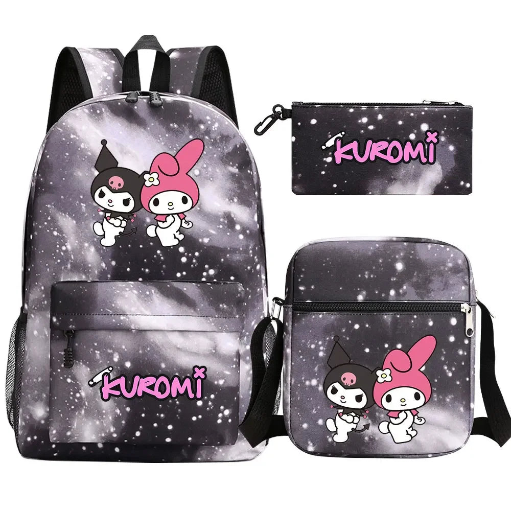 New Kawaii Kuromi 3Pcs Boy Girl Kids School Book Bags Travel Backpack Shoulder  Bag Pen Bags For Men Women