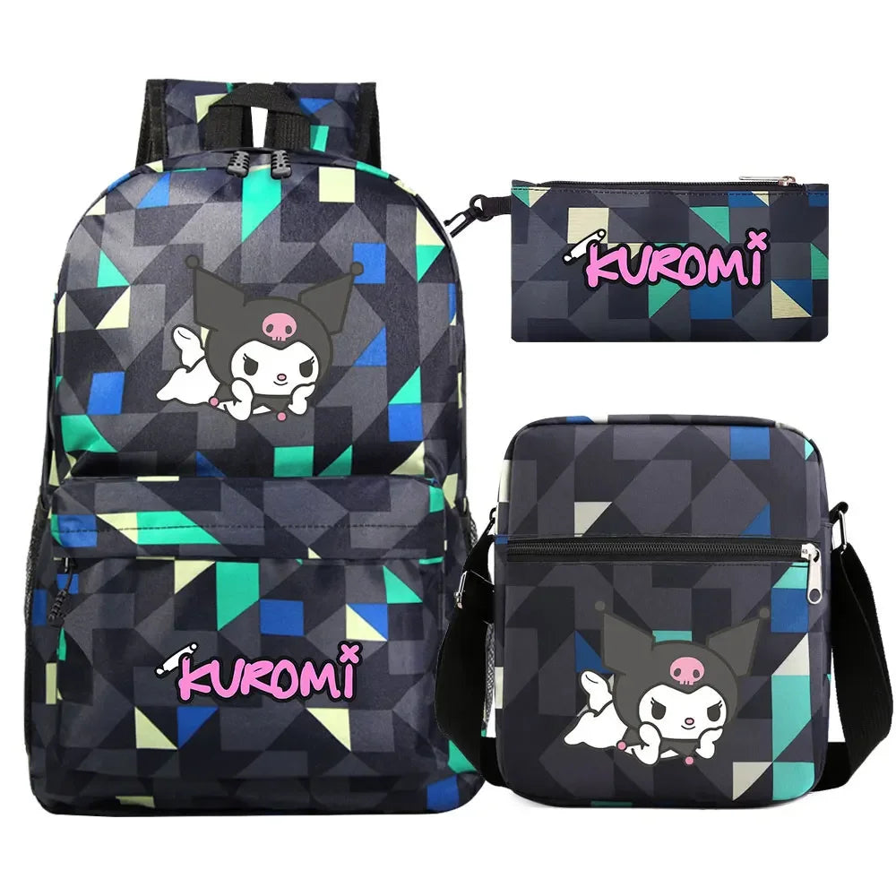 New Kawaii Kuromi 3Pcs Boy Girl Kids School Book Bags Travel Backpack Shoulder  Bag Pen Bags For Men Women