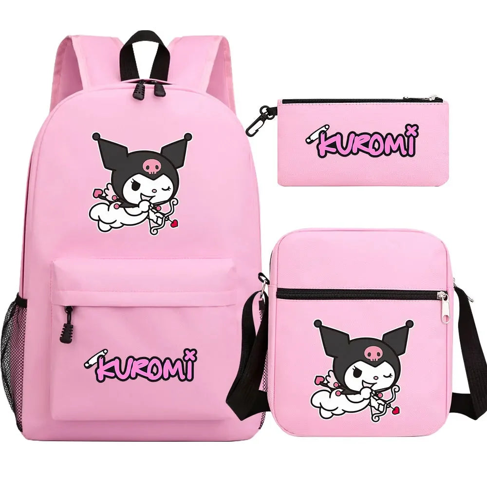 New Kawaii Kuromi 3Pcs Boy Girl Kids School Book Bags Travel Backpack Shoulder  Bag Pen Bags For Men Women