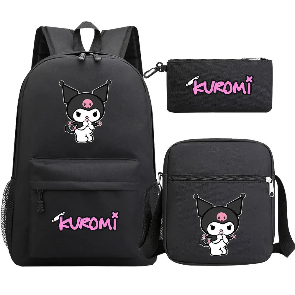 New Kawaii Kuromi 3Pcs Boy Girl Kids School Book Bags Travel Backpack Shoulder  Bag Pen Bags For Men Women