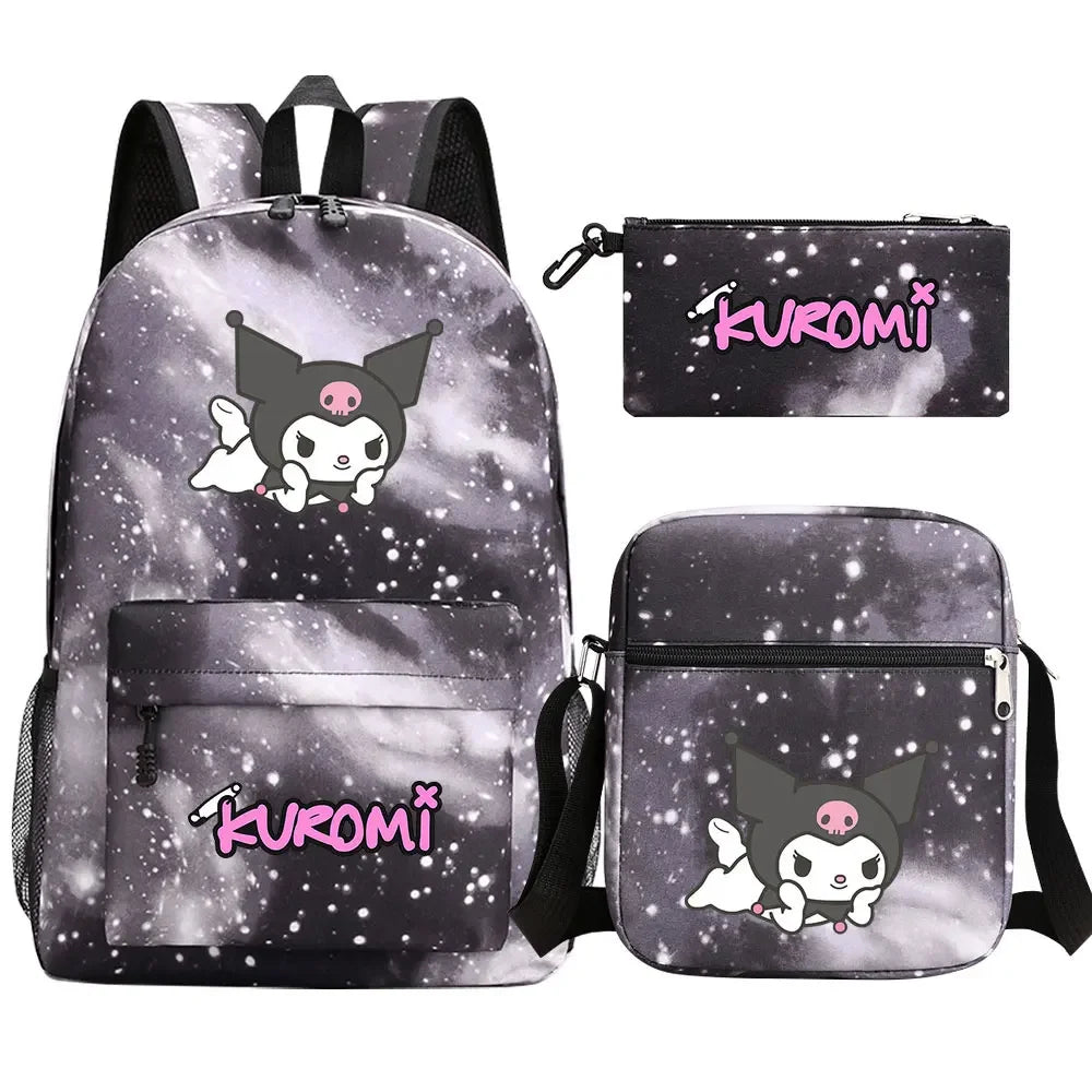 New Kawaii Kuromi 3Pcs Boy Girl Kids School Book Bags Travel Backpack Shoulder  Bag Pen Bags For Men Women