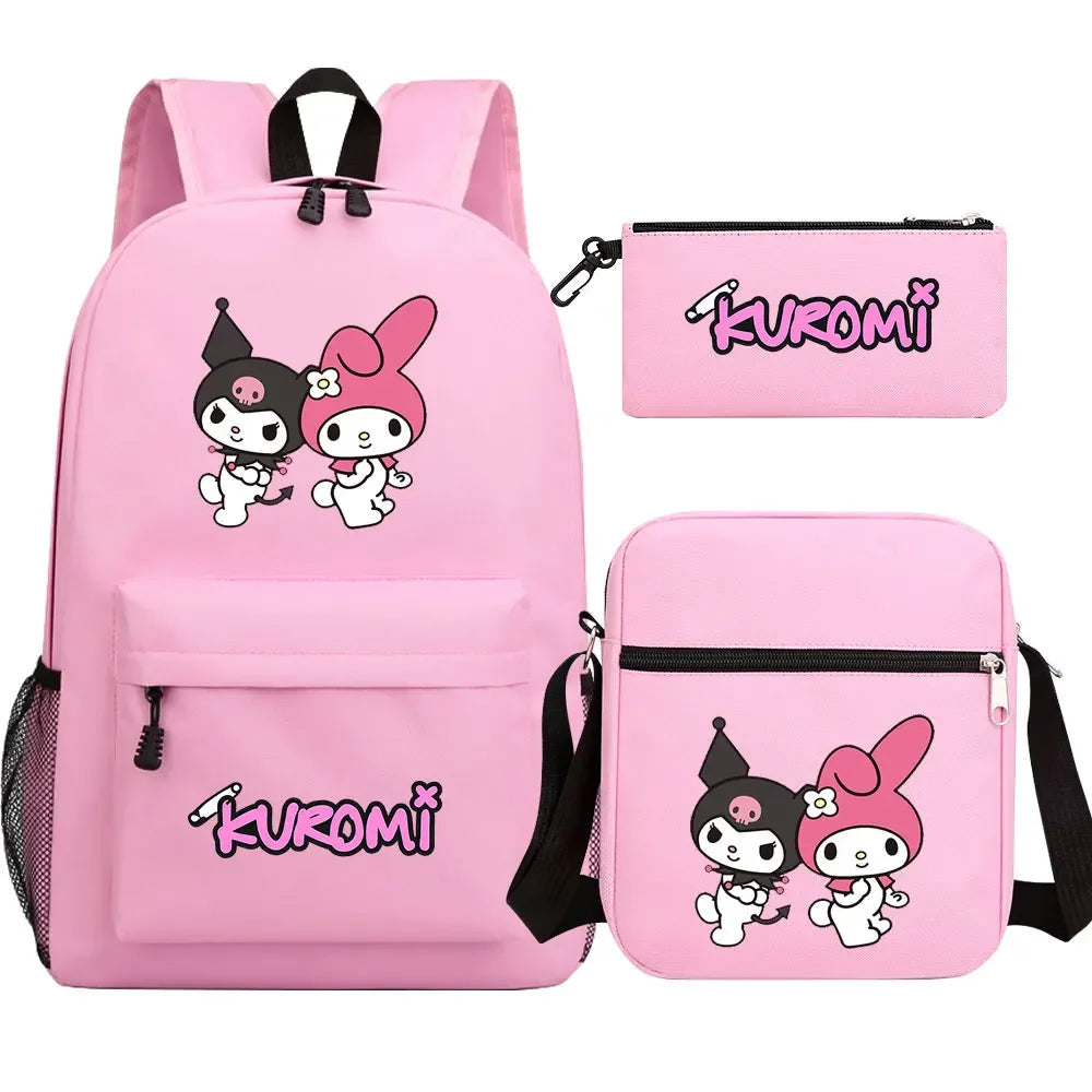 New Kawaii Kuromi 3Pcs Boy Girl Kids School Book Bags Travel Backpack Shoulder  Bag Pen Bags For Men Women