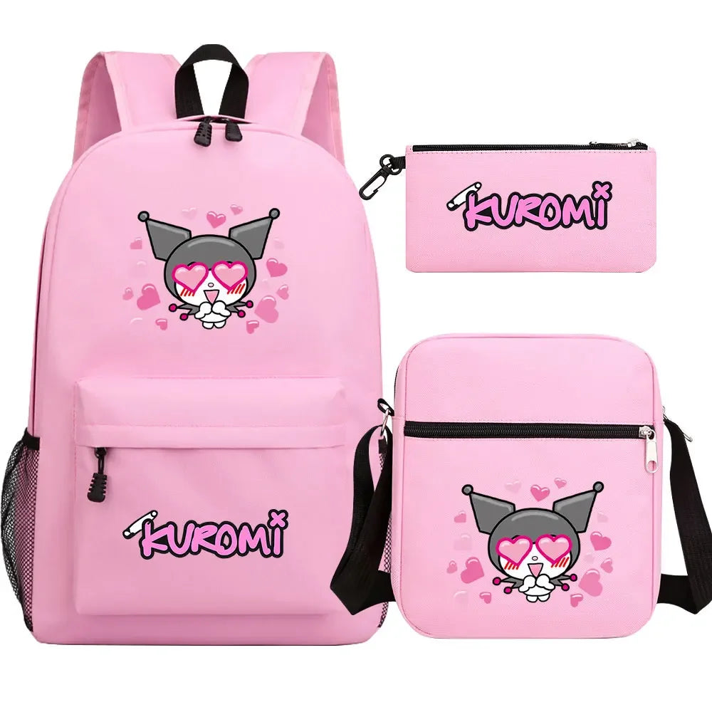 New Kawaii Kuromi 3Pcs Boy Girl Kids School Book Bags Travel Backpack Shoulder  Bag Pen Bags For Men Women