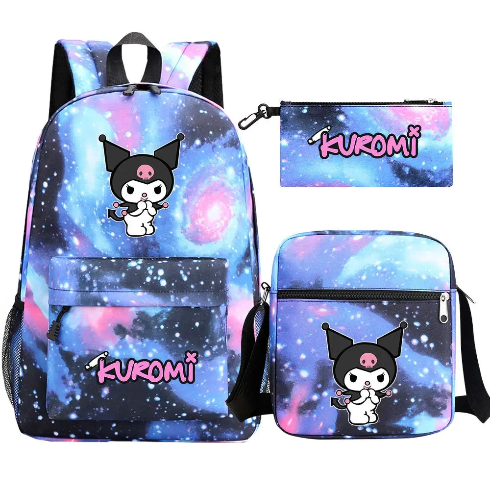New Kawaii Kuromi 3Pcs Boy Girl Kids School Book Bags Travel Backpack Shoulder  Bag Pen Bags For Men Women