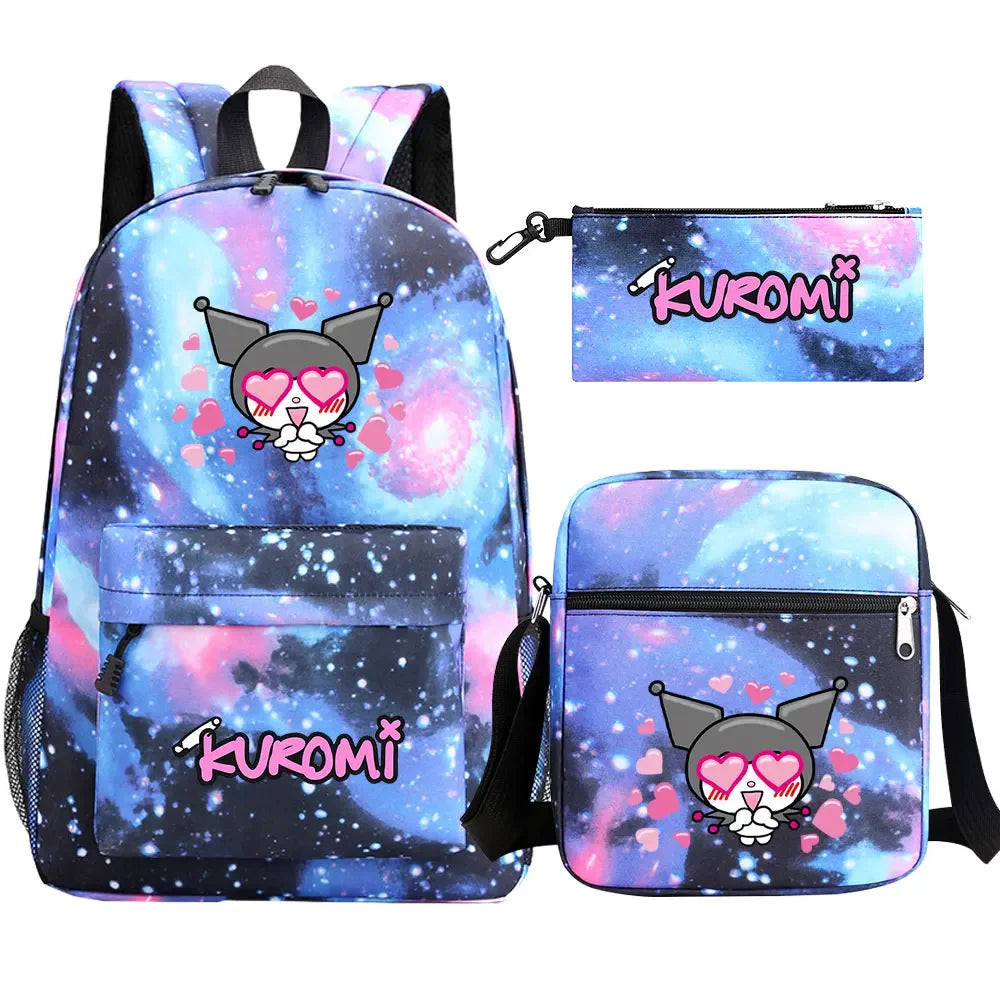 New Kawaii Kuromi 3Pcs Boy Girl Kids School Book Bags Travel Backpack Shoulder  Bag Pen Bags For Men Women