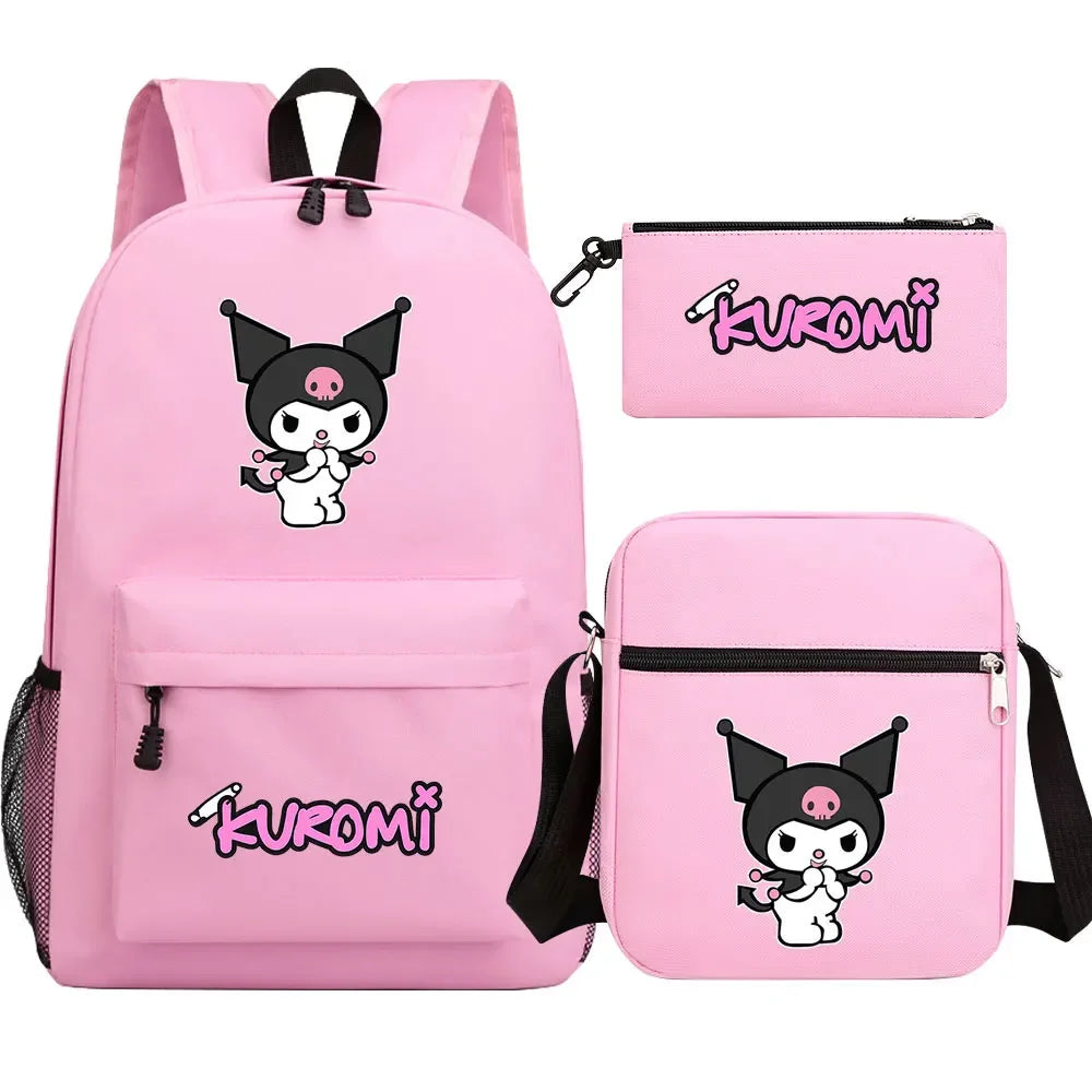 New Kawaii Kuromi 3Pcs Boy Girl Kids School Book Bags Travel Backpack Shoulder  Bag Pen Bags For Men Women