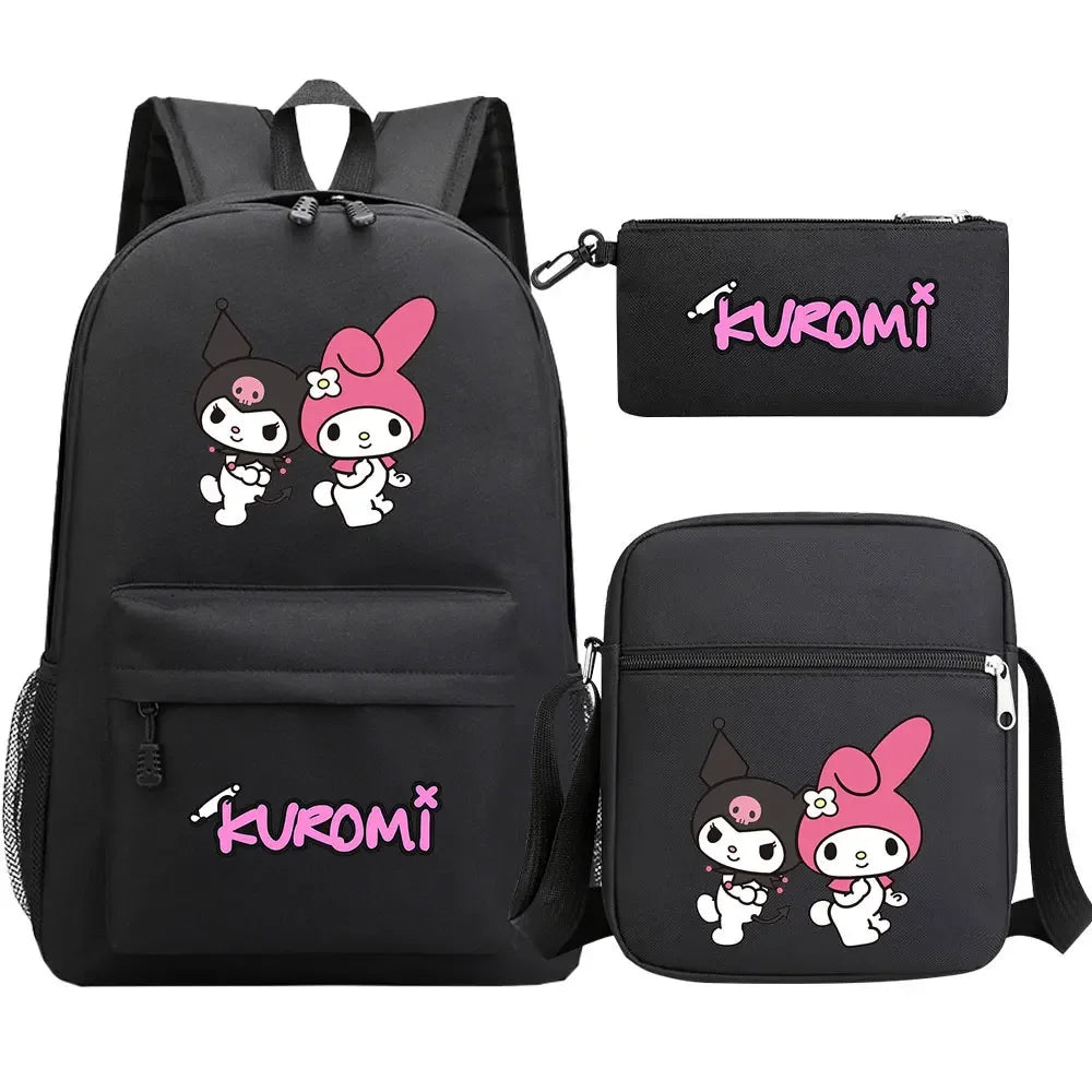 New Kawaii Kuromi 3Pcs Boy Girl Kids School Book Bags Travel Backpack Shoulder  Bag Pen Bags For Men Women