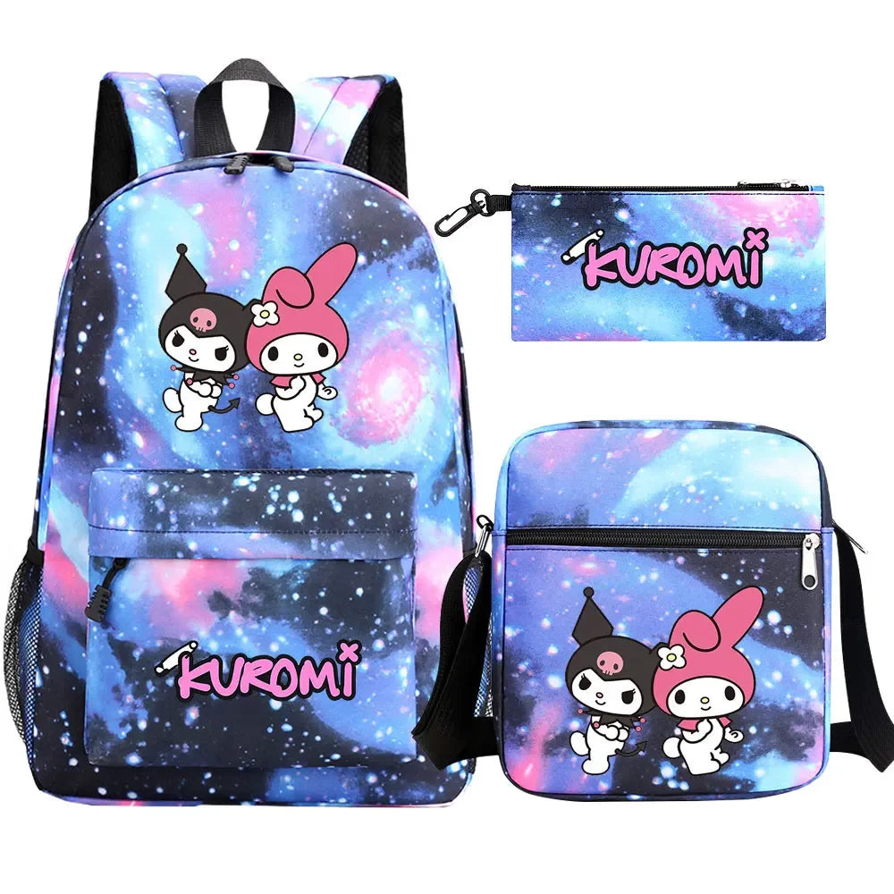 New Kawaii Kuromi 3Pcs Boy Girl Kids School Book Bags Travel Backpack Shoulder  Bag Pen Bags For Men Women