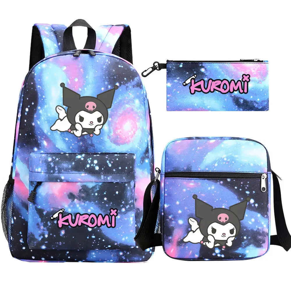 New Kawaii Kuromi 3Pcs Boy Girl Kids School Book Bags Travel Backpack Shoulder  Bag Pen Bags For Men Women