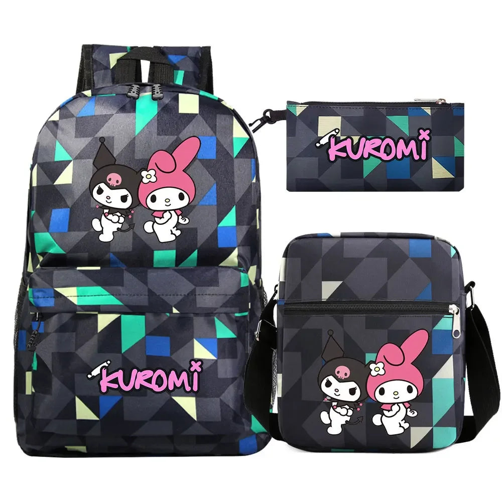 New Kawaii Kuromi 3Pcs Boy Girl Kids School Book Bags Travel Backpack Shoulder  Bag Pen Bags For Men Women